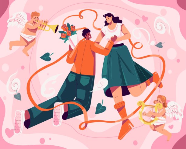 情人节浪漫情侣插画，丘比特在旁起舞图片下载