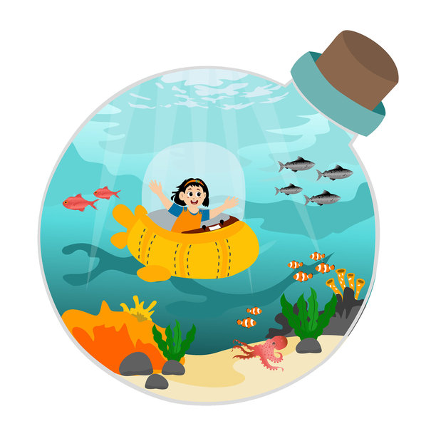 可爱的孩子们登上潜艇，探索深海之美。水下潜艇。深海世界里的水下船只，潜艇在水下的矢量插画。图片下载