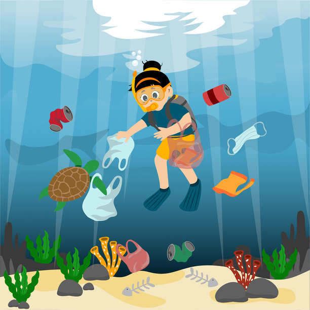 可爱的小孩在海里捡拾塑料垃圾。海洋塑料污染。停止海洋塑料污染。海底充斥着塑料设备、瓶子和袋子。矢量插画图片下载