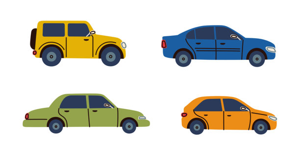 可爱的儿童风格汽车套装，包括小型汽车、轿车、掀背车和SUV，采用有趣的卡通风格。适用于儿童设计、交通主题、书籍、游戏、应用的扁平化矢量插画。图片下载