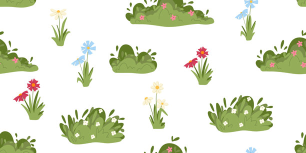 卡通草地、花朵、灌木丛无缝图案。简约花卉水平装饰。矢量手绘田园风格夏季插画，适用于儿童设计、织物、包装、壁纸、包装纸图片下载