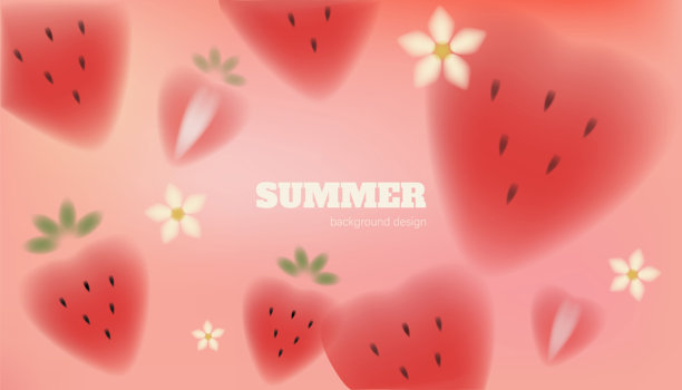 模糊的草莓横幅。新鲜的浆果。多彩渐变背景。夏季装饰，水彩食物。模糊充满活力的植物和花朵。创意热带风格的水平海报，矢量插画图片下载