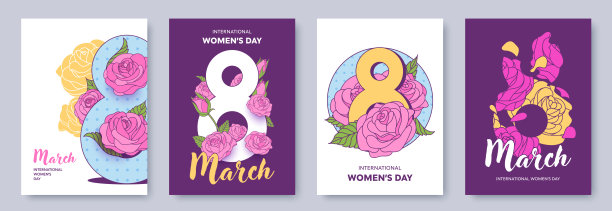 为国际妇女节设计的彩色花卉海报，数字8装饰着玫瑰，并留有文本空间。3月8日的优雅装饰插画。非常适合贺卡、横幅、传单、节日设计。图片下载