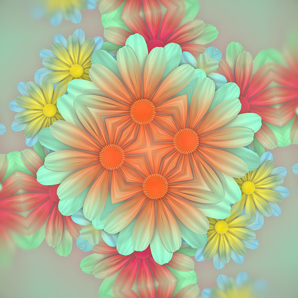 色彩鲜艳、粉色、橙色和黄色的渐变色花卉组合，时尚的3D渲染插画图片下载