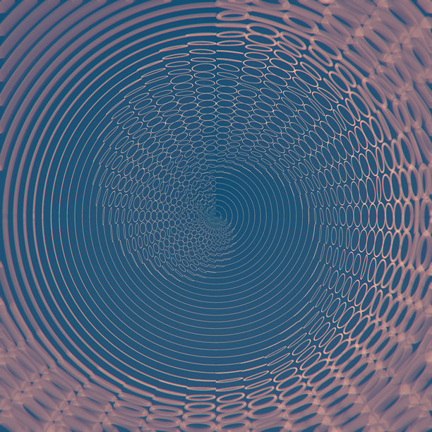 蓝色背景上，混沌旋转的平面圆形成的螺旋发散波。三维渲染数字插画图片下载