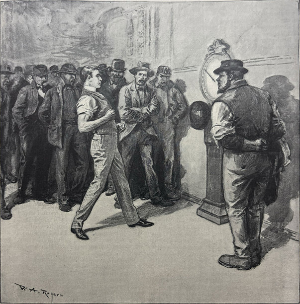 古董插画 - 一群男人看着一个人即将用拳头击打机器以测量他的力量图片下载