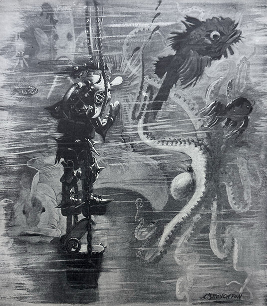 古董插画——戴着潜水头盔的男人在巨大的海底生物附近的水下图片下载
