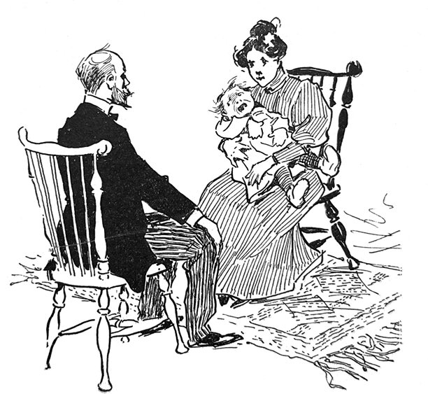 复古插画——一位男士坐在一女子对面，女子怀抱着婴儿图片下载