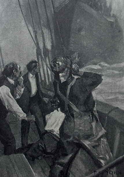 复古插画 - 大型帆船接近小型船只图片下载