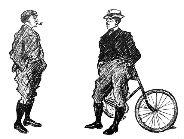 复古插画 - 一名男子靠在自行车上与另一名男子交谈图片下载