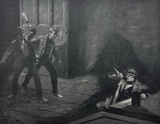 古老插画——两人走进一间黑暗的房间，撞见了正在窥探的另一个人图片下载