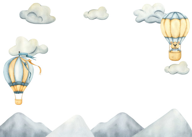热气球和白色云朵在山脉上方的水彩画框。带复制空间的框架模板。儿童贺卡模板。为儿童用品、装饰手绘水彩插画图片下载