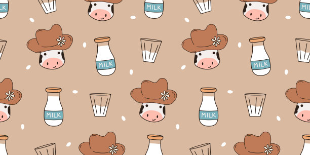 可爱的卡通手绘人物，搭配戴帽子的滑稽奶牛、奶瓶和玻璃杯，组成横向无缝矢量图图案背景插画图片下载