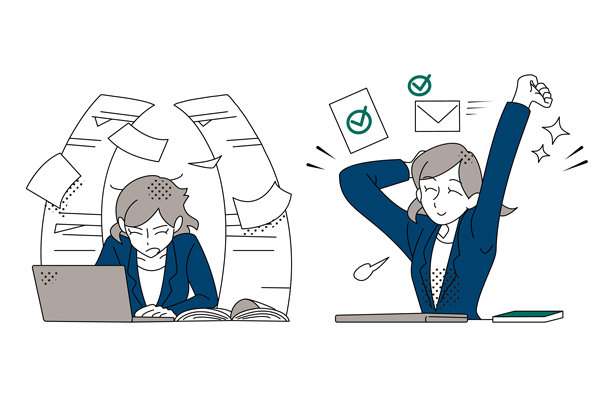 女商人克服繁重工作量并完成任务的插画图片下载