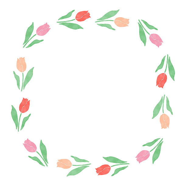 手绘春季植物插画。弯曲的画框，饰有水彩风格的粉色、橙色和红色郁金香。图片下载