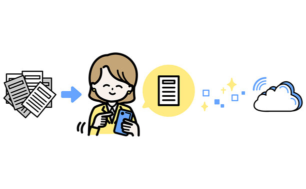 插画说明通过智能手机发送纸质文件以过渡到云管理的业务DX流程图片下载
