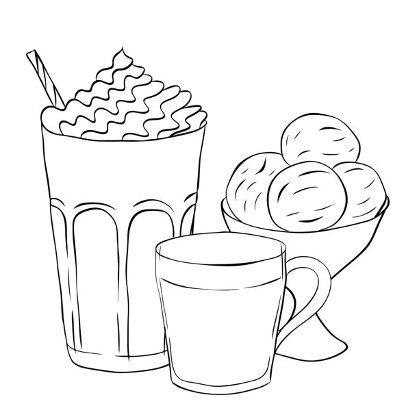 奶昔、咖啡、冰淇淋，奶油饮品，咖啡馆，手绘插画。矢量线条墨水，黑白艺术。样品海报、邀请函、节日横幅、明信片。图片下载