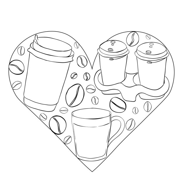 咖啡杯和咖啡豆，心形咖啡馆构成，手绘插画。矢量线条墨水，黑白艺术。用于标志、网页、包装、贴纸、节日设计、面料和纺织品。图片下载