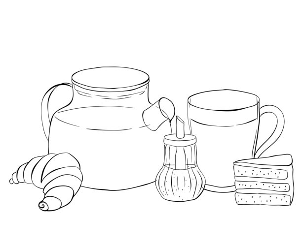 茶、可颂、糖、咖啡、蛋糕 咖啡馆组合 手绘插画。矢量线条墨水画。黑白艺术。横幅、海报、包装纸、贴纸、印刷品、现代纺织品设计。图片下载