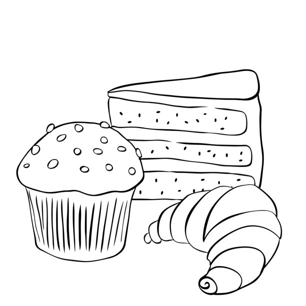 丹麦酥皮和甜点插画。玛芬蛋糕、羊角面包、咖啡馆组合、手绘插画。矢量线条墨水黑白艺术。示例海报、邀请函、节日横幅、明信片。图片下载