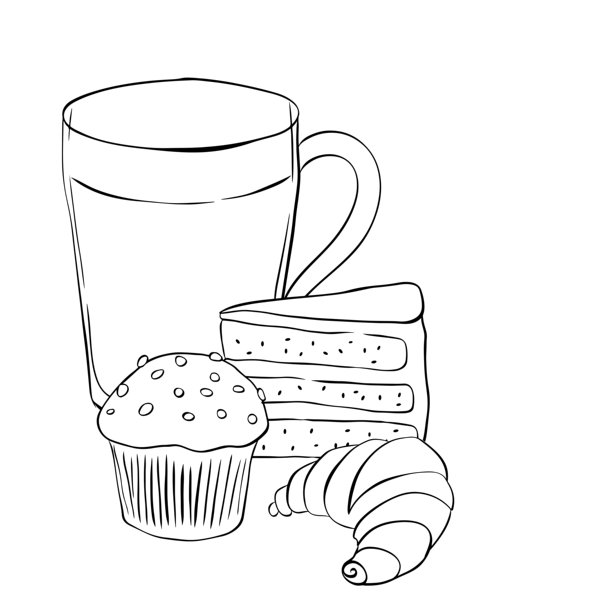 咖啡玛芬蛋糕羊角面包咖啡馆组合手绘插画。矢量图形线条墨水黑白艺术。用于标志、印刷品、漫画、时尚、波普艺术、画板、设计、贴纸的剪影标志。图片下载