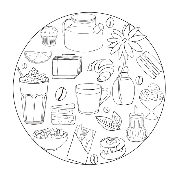 咖啡馆元素圆形构图。手绘插画。矢量线条墨水黑白艺术。适用于面包店和咖啡店。咖啡豆、咖啡杯和羊角面包。图片下载