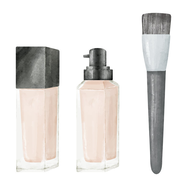 水彩风格的粉底液和粉底刷插画套装图片下载