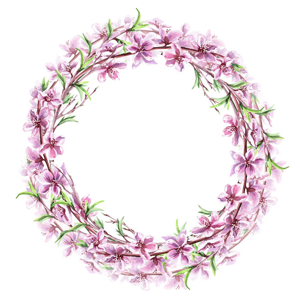 盛开的桃花枝环绕。写实的孤立水彩插画，适用于明信片、室内装饰、春季节日、包装和海报印刷。图片下载