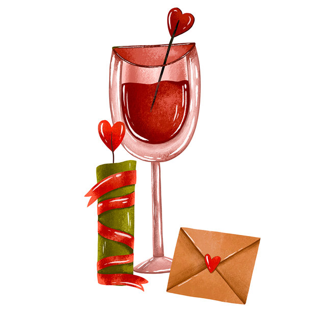 情人节浪漫晚餐，有酒杯、蜡烛和情书。为爱日绘制的手绘插画。2月14日约会贺卡。用于问候的爱情构图。图片下载