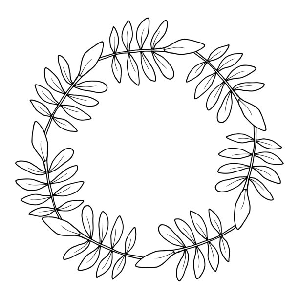 一圈树枝和叶子。矢量植物插画。秋季圆形植物边框，可供文字使用。黑色手绘。适用于感恩节、包装和标志的自然设计。图片下载