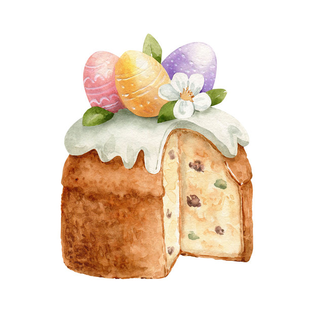 复活节蛋糕，饰有节日糖霜、彩蛋、鲜花和绿叶。手绘水彩插画。图片下载
