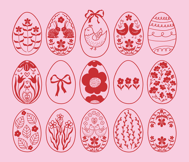 一套涂鸦手绘的复活节彩蛋，上面有花朵、兔子、小鸡、小鸟和蝴蝶结。富有想象力的装饰元素，适用于贺卡、印刷品。矢量插画图片下载