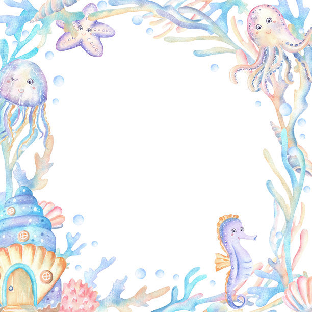 方形画框，包含水彩风格的水母、海星、海马和章鱼。装饰有蓝色海螺屋、海藻和珊瑚。海洋剪贴画。手绘水彩插画，适用于以海底为主题的儿童设计。图片下载