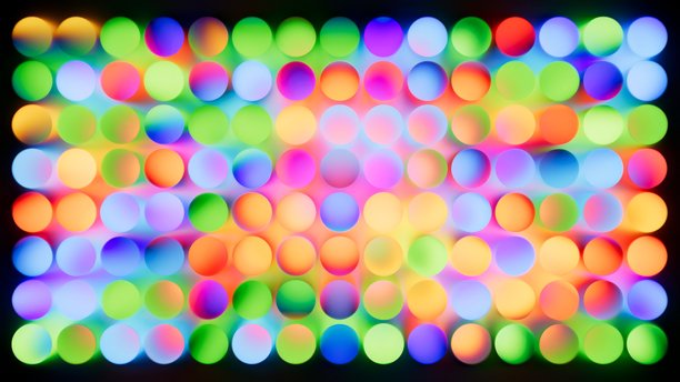 抽象渐变圆点几何背景。黑色背景上的彩虹色发光霓虹圆圈网格闪耀。俏皮的散景风格图案。3D插画图片下载