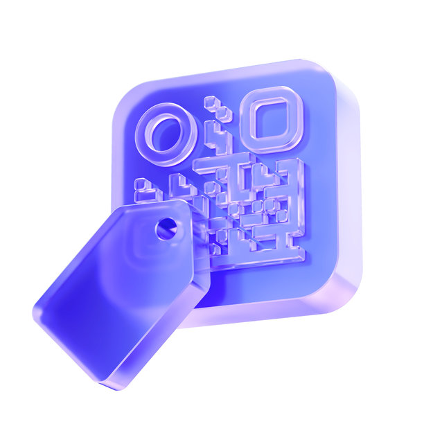 3D玻璃二维码和价签图标，数字支付和折扣扫描概念。透明液体玻璃图标，玻璃拟态图标，水晶般清晰。3D插图。图片下载