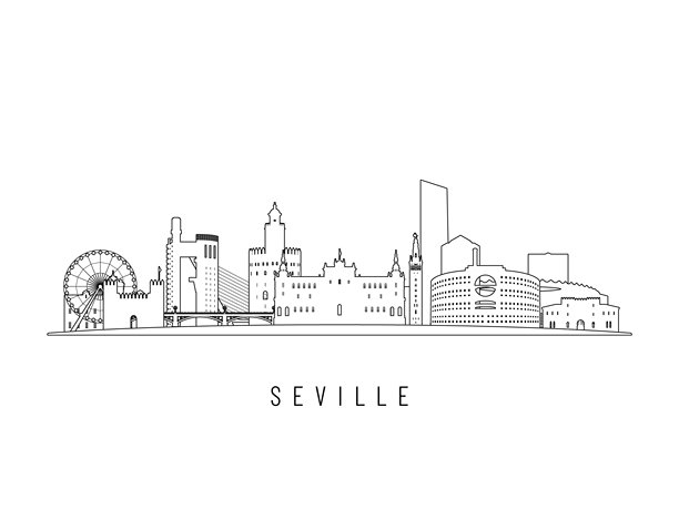 塞维利亚详细的城市天际线矢量插画。西班牙塞维利亚的建筑，线条艺术风格，非常适合现代设计。图片下载