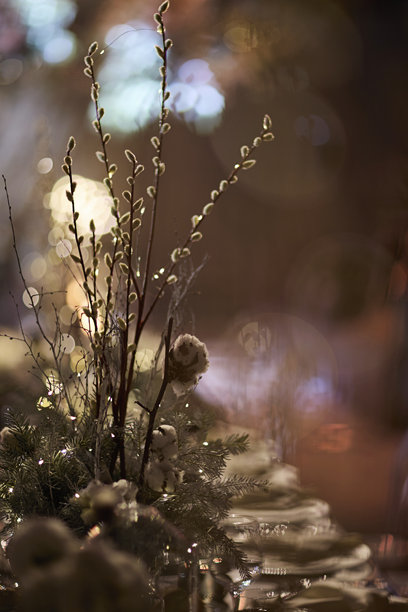 优雅的冬季餐桌布置，带有柔和灯光和节日散景背景。素材图片图片下载