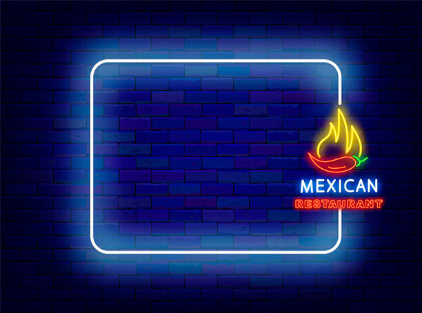 墨西哥餐厅霓虹招牌传单。燃烧的辣椒。墨西哥风味。国家街头美食。咖啡馆邀请函。空白白色边框。复制空间。编辑文本。矢量素材插画图片下载