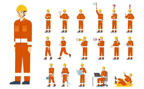扁平插画：一套穿着橙色工作服（带有面部表情）的工人图片下载