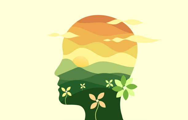 心理健康插画，描绘头部与心灵，背景为抽象的日落山脉与花卉自然风光。图片下载