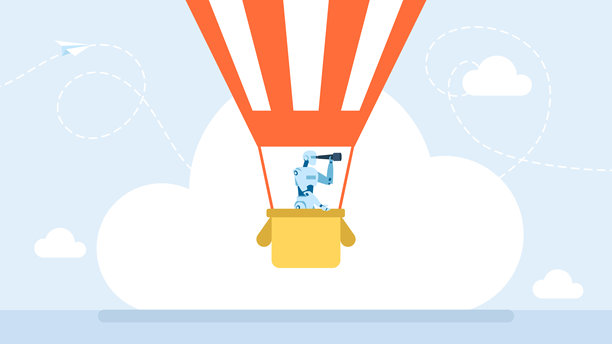 单眼机器人乘坐热气球。AI探索者在热气球中用望远镜眺望。现代机器人人工智能技术。电子科技行业。扁平插画。图片下载