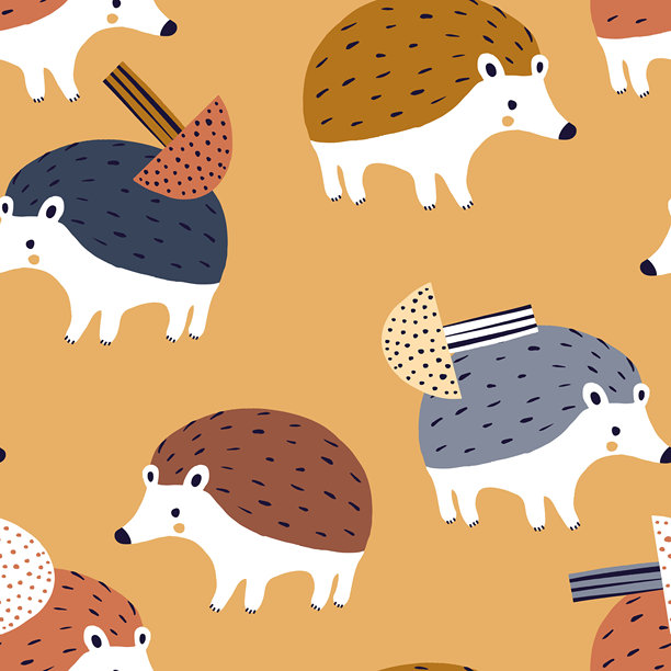无缝儿童图案，包含刺猬和蘑菇。林地动物儿童背景。矢量插画。图片下载