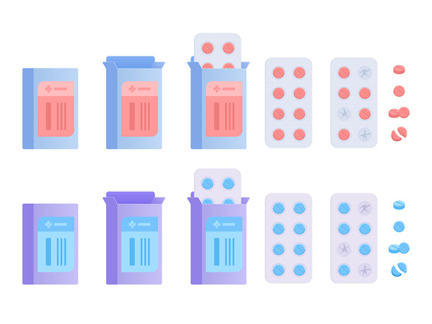 药品药片和泡罩包装的扁平矢量插画，包含用于医疗保健和药房概念的药丸和胶囊，以及孤立的医疗药品图标集合图片下载