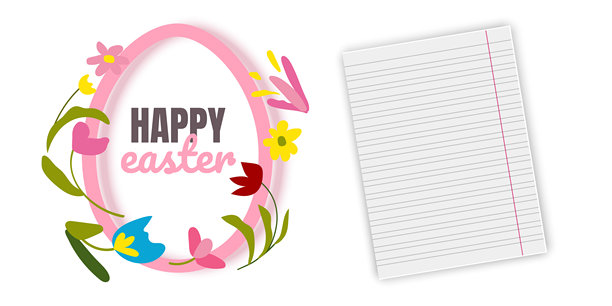 快乐复活节插画，有一个形似复活节彩蛋的白色椭圆形边框，带有柔和的黄色边框，非常适合节日营销、季节性促销、精品礼品卡和春季庆祝活动邀请函图片下载