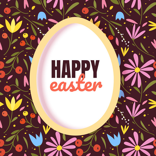 一张快乐复活节的插画，包含一个白色的椭圆形边框，形似复活节彩蛋，并带有柔和的黄色边框，非常适合用于假日营销、季节性促销、精品礼品卡和春季庆典邀请函。图片下载