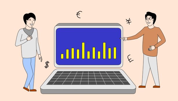 两位男士正站在一台笔记本电脑前，屏幕上显示着一张图表图片下载