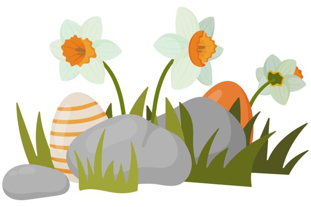 复活节彩蛋、水仙花和石头插画图片下载