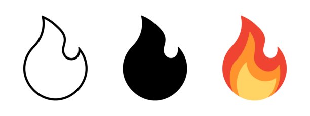 火焰图标集，代表热量、能量和危险。火苗的矢量插画，包含轮廓、纯黑和橙色风格。图片下载