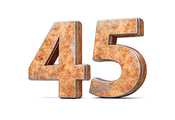 数字四十五，由旧生锈的铁金属纹理构成，白色背景，三维插画图片下载