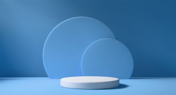 蓝色工作室，带有优雅的白色讲台和自然光。现代3D舞台，用于产品展示。干净简约的空间，用于在支架上展示物品。图片下载